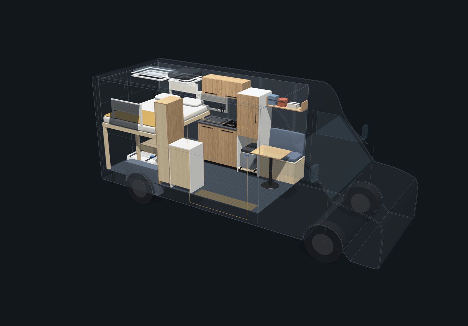 Render 3D del configuratore Vonli: furgone con carrozzeria trasparente, letto rialzato, cucina in legno, colonna frigo, panca e tavolo